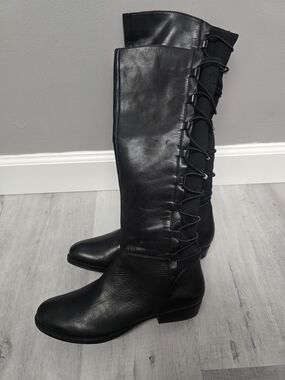 Women’s B Makowsky Black Leather/Stretch Calf Textile Knee-High Boot 9.5 M